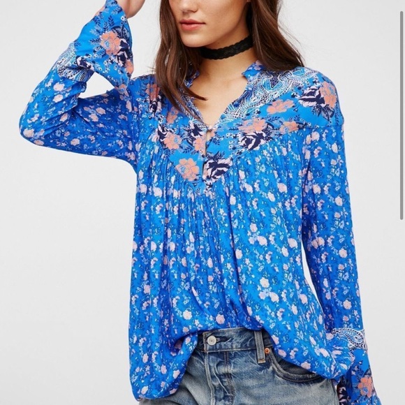 FP Free People Wildflower Fields Henley Tunic Blue Floral Top Boho Prairie XS - Picture 2 of 13